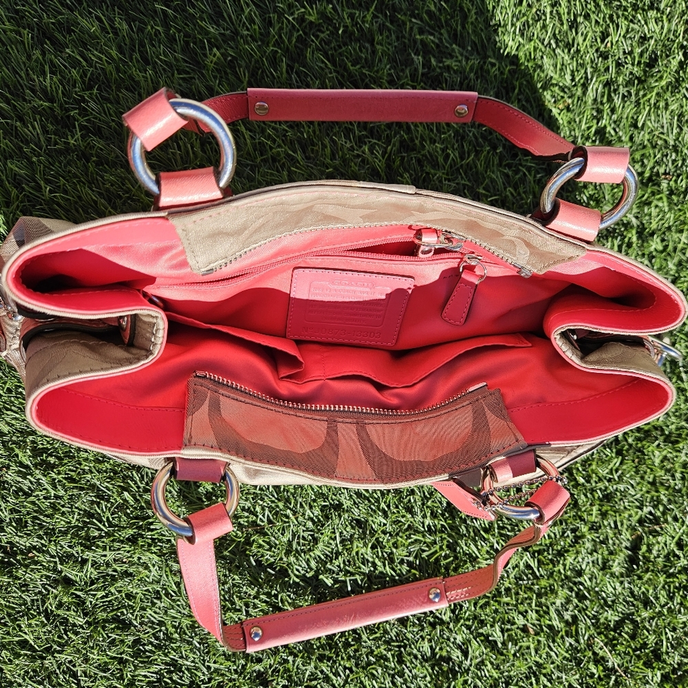 Coach Signature Canvas Shoulder Purse Satchel Neon Coral **WITH Coach Dust Bag** - Picture 11 of 16